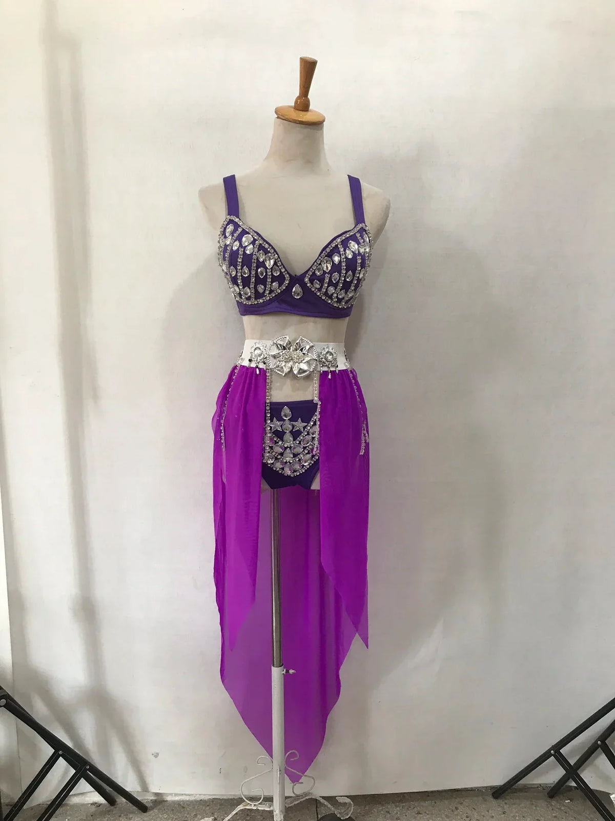 Women's Rhinestone Two-Piece Dance Costume | Stage Performance Top & Shorts