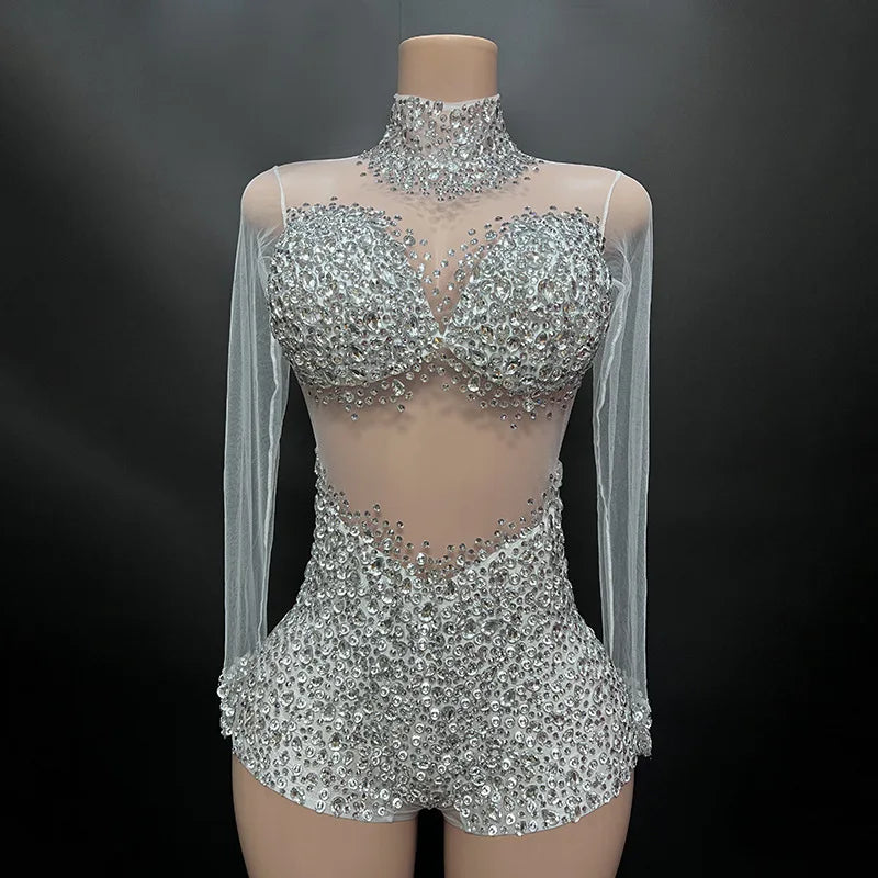 Sexy Mesh Lace Bodysuit Playsuit – Sheer Stage Costume for Nightclub, Dance & Performance | Stardust Starlets