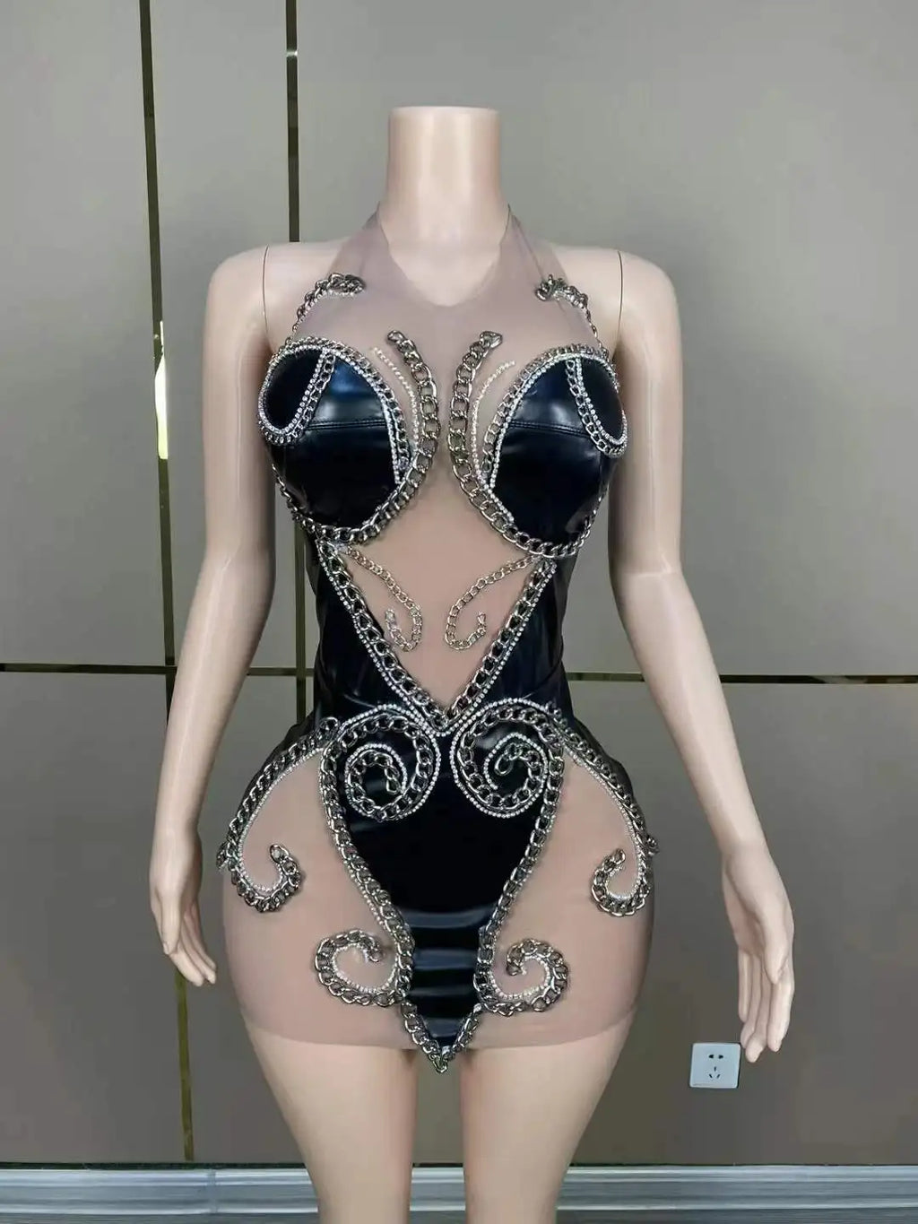 Black Mesh Chain Backless Dress for Women | Showgirl Stage Costume