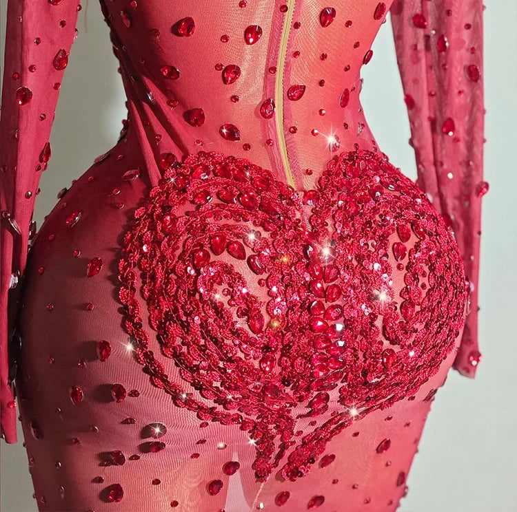 Crystal Rhinestone Mesh Long Sleeve Vintage Inspired Dress with Sequins and Skirt