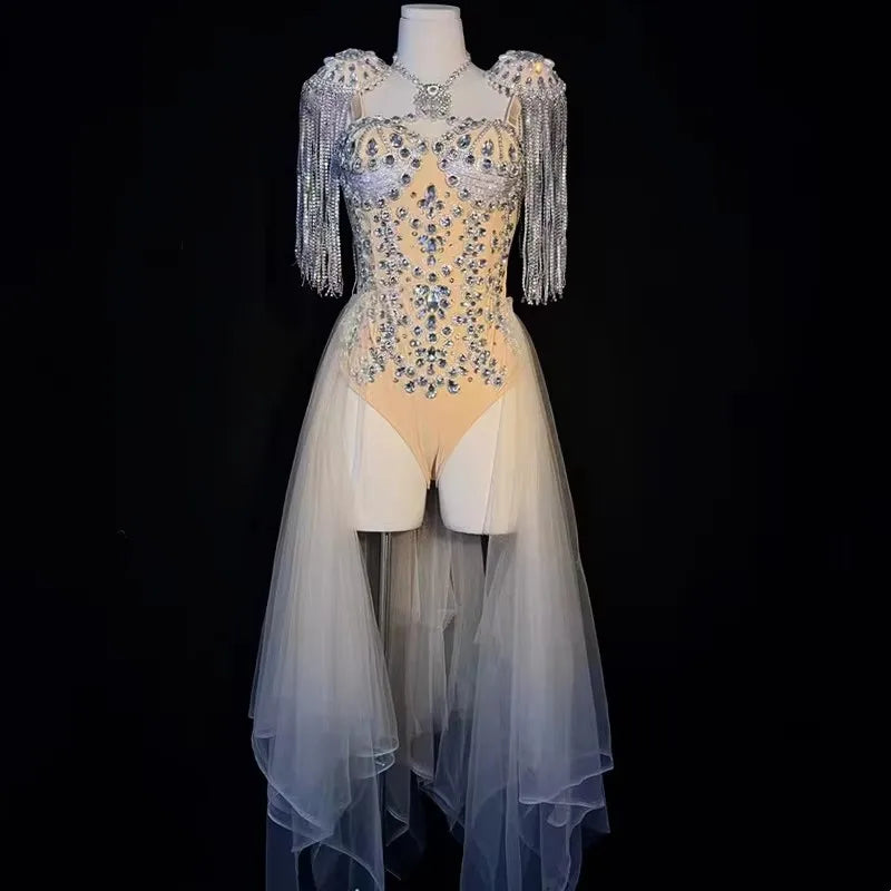 Women's Rhinestone Tassel Dance Bodysuit | Stage Performance Costume