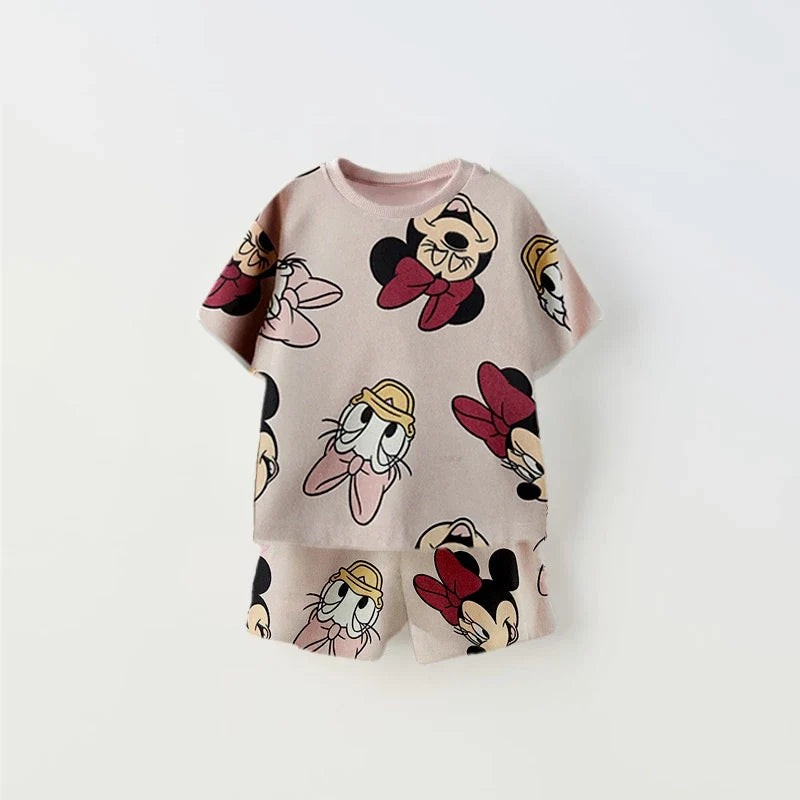 2026 Summer Outfits Minnie Full Print Tshirt Shorts Casual Sports Loose Clothes Baby Cute Fashion Wear Pink Tracksuits