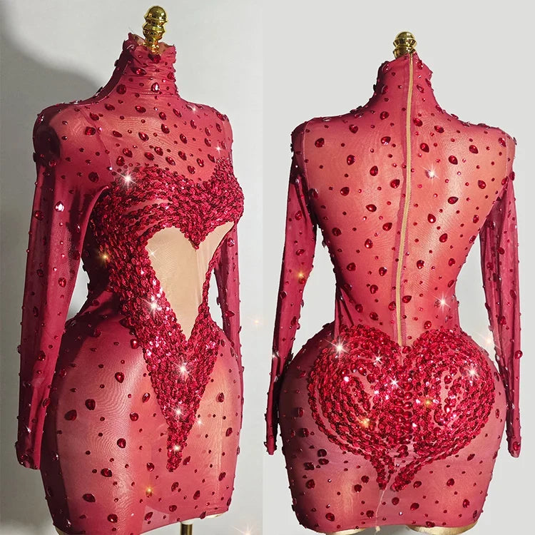 Crystal Rhinestone Mesh Long Sleeve Vintage Inspired Dress with Sequins and Skirt