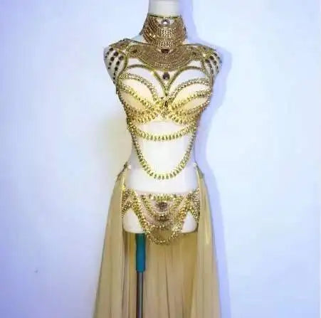 Women's Rhinestone Bikini & Long Trailing Skirt Set | Singer Host Stage Costume for Catwalk & Performance