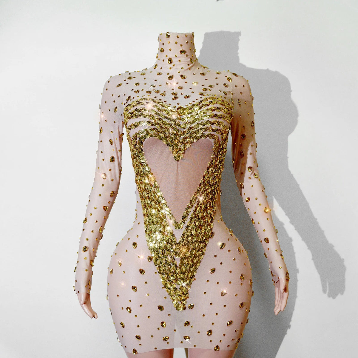 Crystal Rhinestone Mesh Long Sleeve Vintage Inspired Dress with Sequins and Skirt