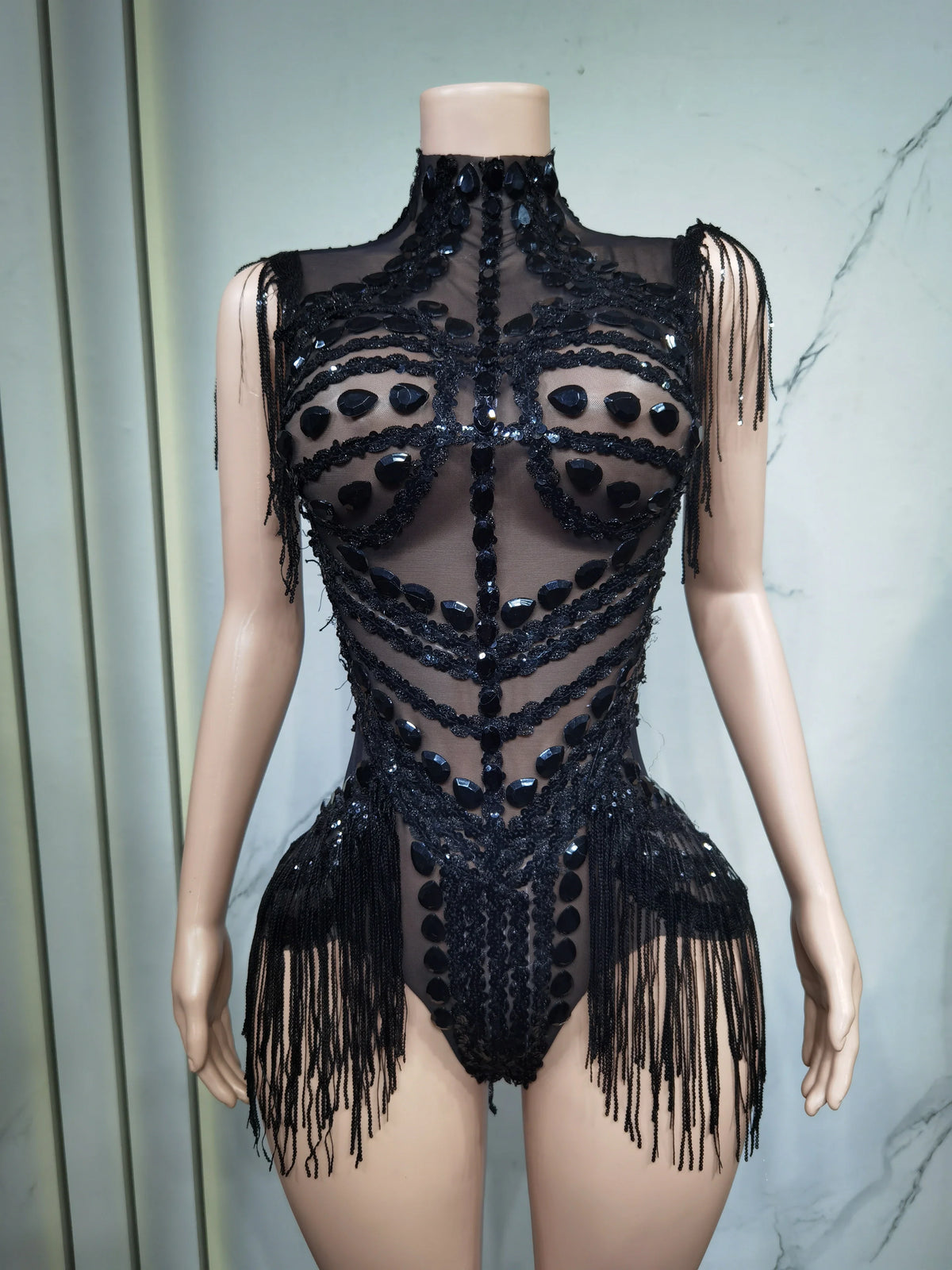 Sheer Mesh Rhinestone Performance Bodysuit for Women