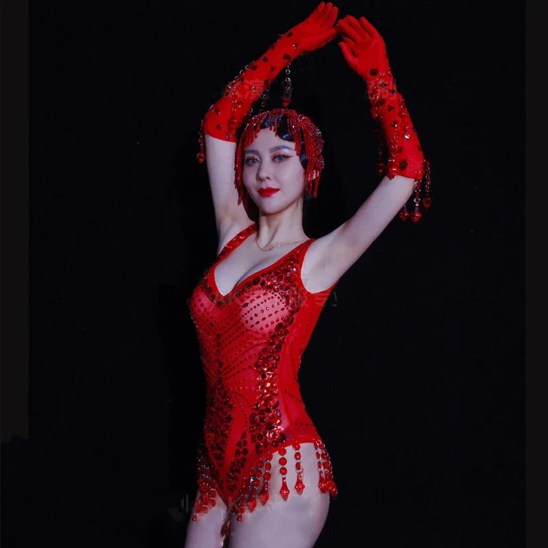 Women's Red Rhinestone Bodysuit & Gloves Dance Costume