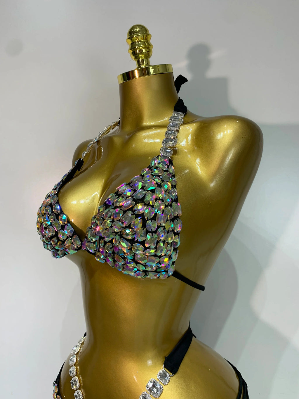 Women Crystal Rhinestone Halter Bikini Stage Performance Costume Set
