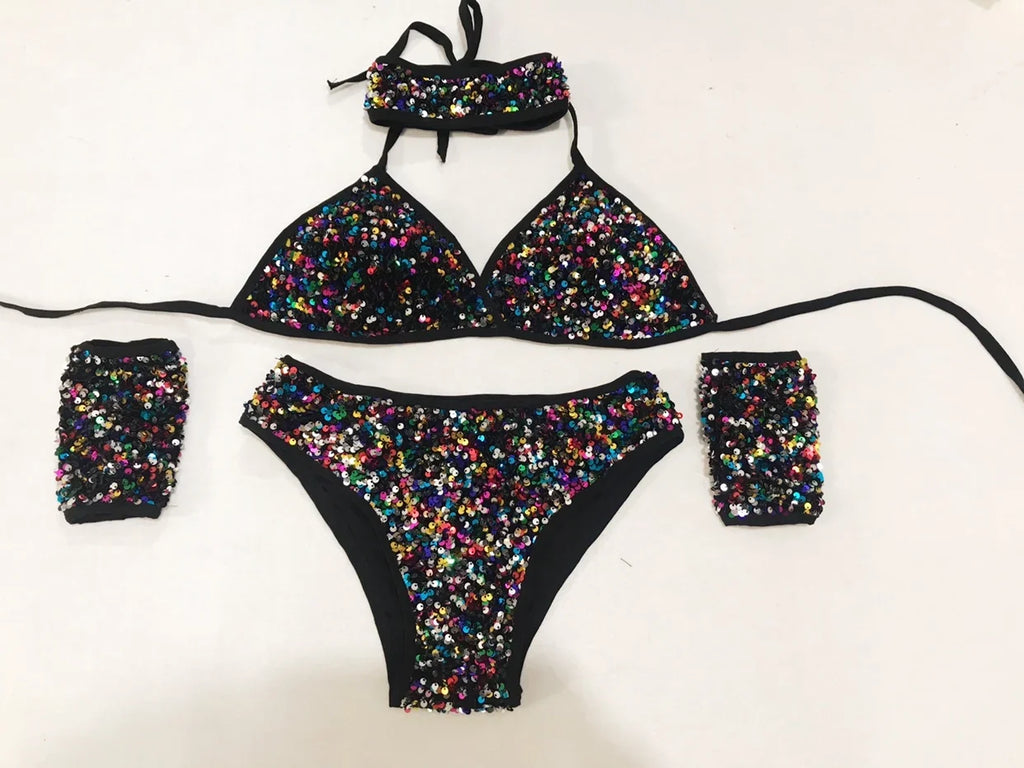 Sequin Bikini Pole Dance Costume for Women | Sparkly Rave & Nightclub Dancewear Set