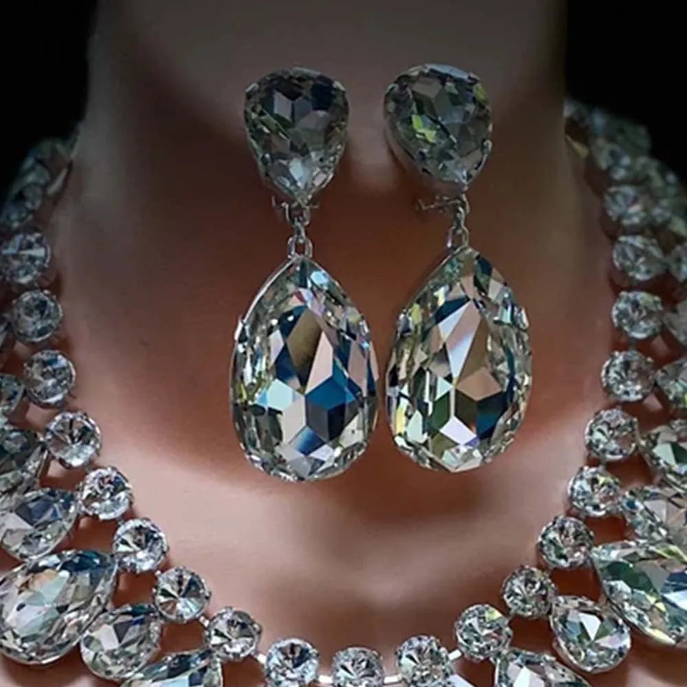Crystal Teardrop Necklace and Earrings Set for Women | Wedding Jewelry