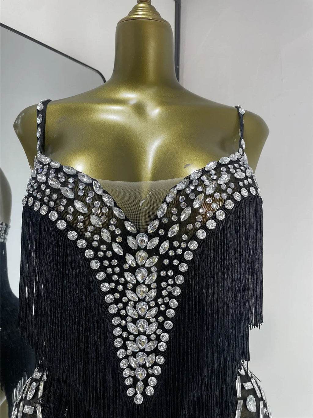 Women Black Bright Rhinestones Tassel Stretchy Mesh Thigh High Leotard Pole Dance Costumes Evening Party Club DJ Gogo Dress
