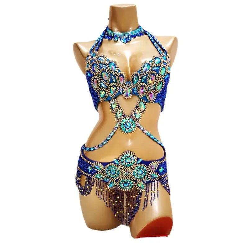 Samba Beaded Belly Dance Costume Set – Women's Bra & Waist Belt for Carnival, Stage & Performance