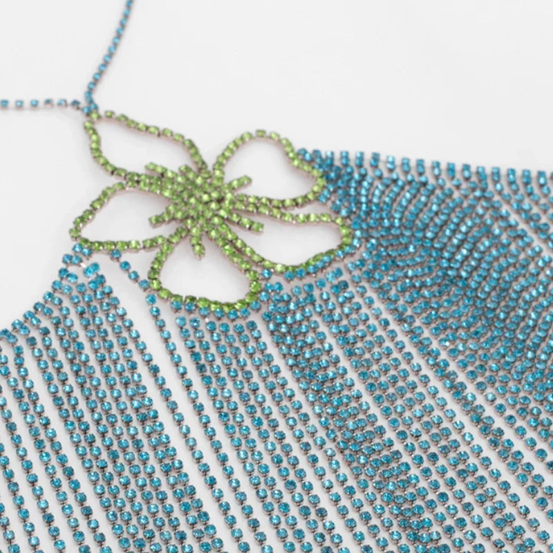 Rhinestone Tassel Flower Bralette Body Chain – Crystal Fringe Chest Harness Bra Chain in Gold or Silver