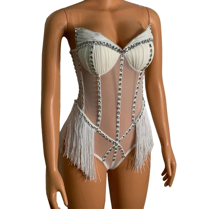 Rhinestone Fringe Bodysuit & Headpiece Set – Sparkly Rave Outfit, Gogo Dancer & Jazz Dance Costume for Women
