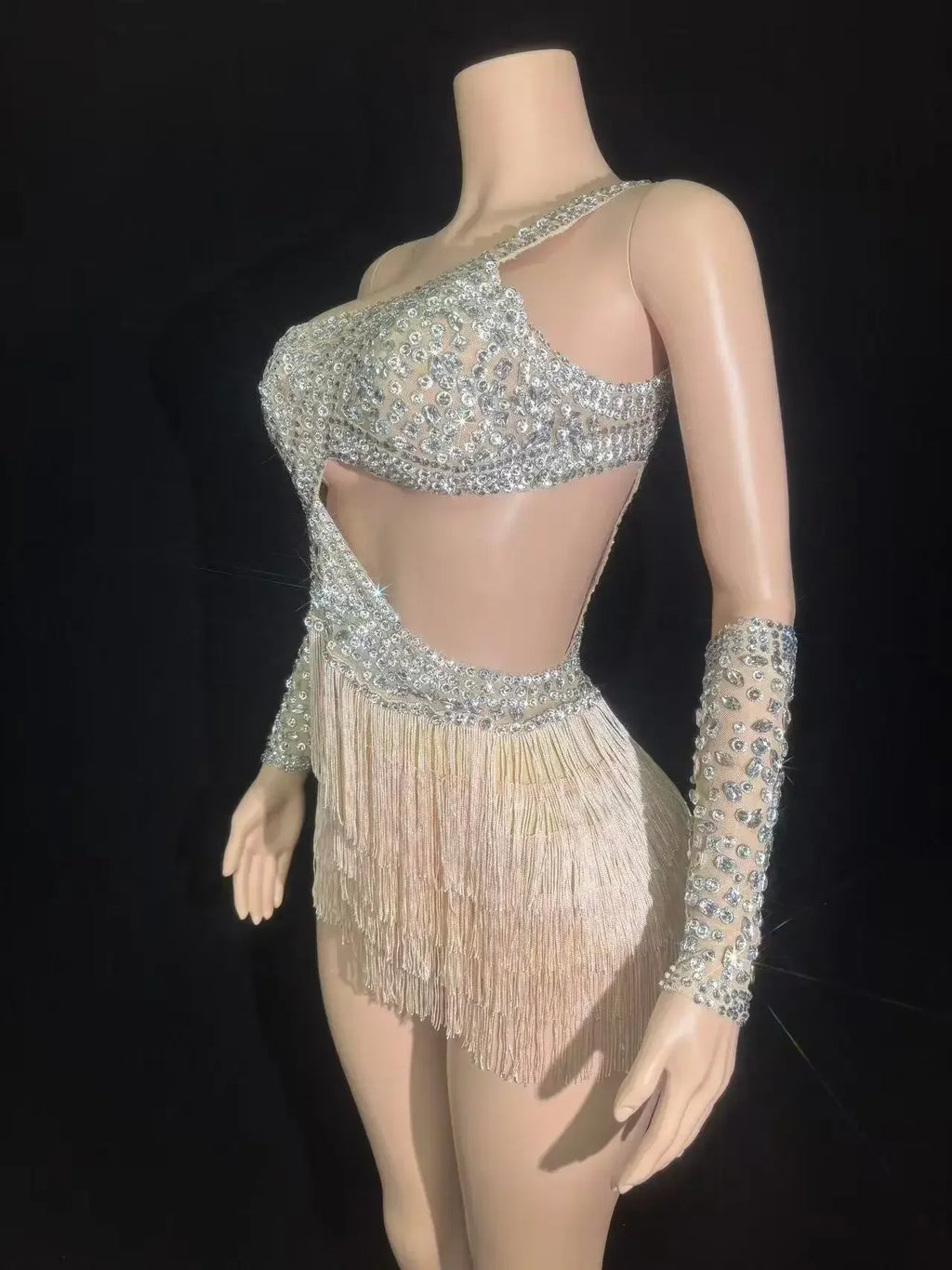 Silver Rhinestone Tassel Jumpsuit for Women