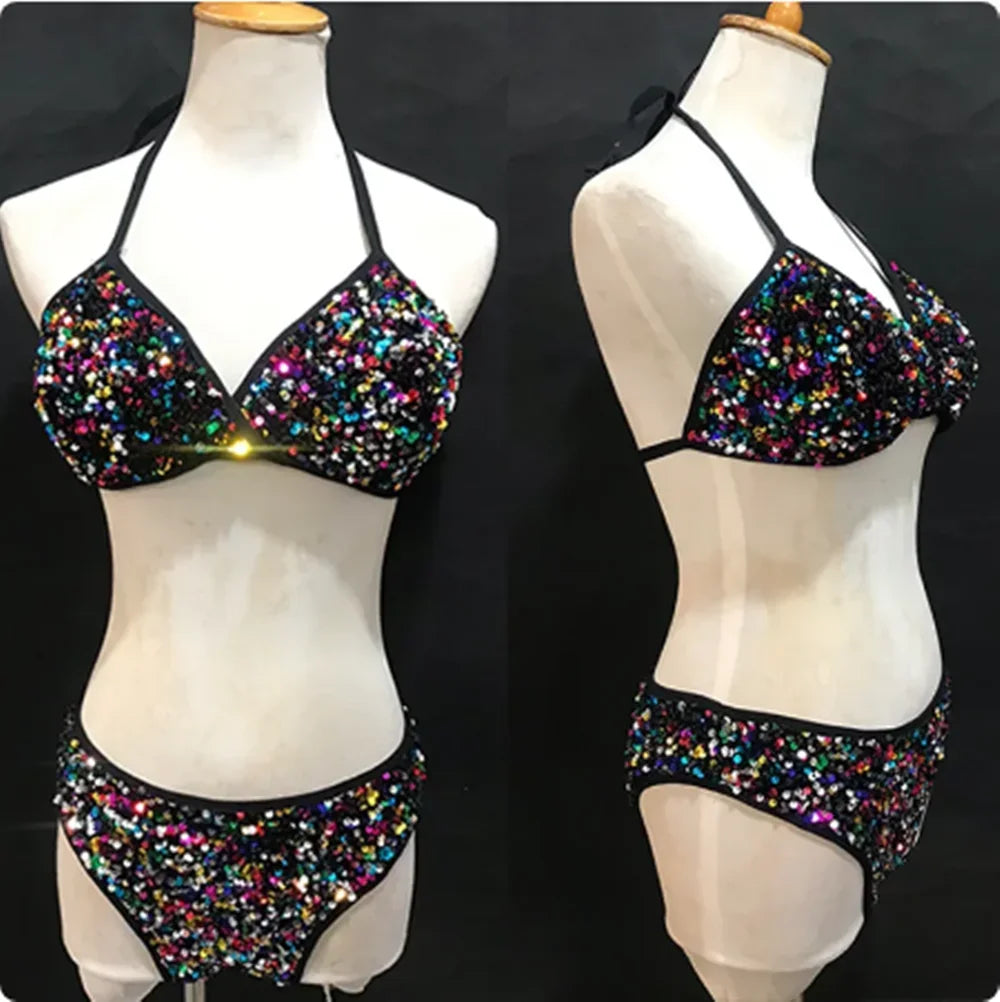 Sequin Bikini Pole Dance Costume for Women | Sparkly Rave & Nightclub Dancewear Set