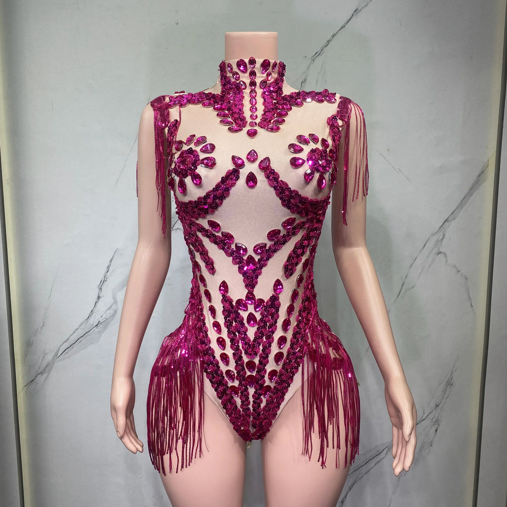 Sheer Mesh Rhinestone Performance Bodysuit for Women