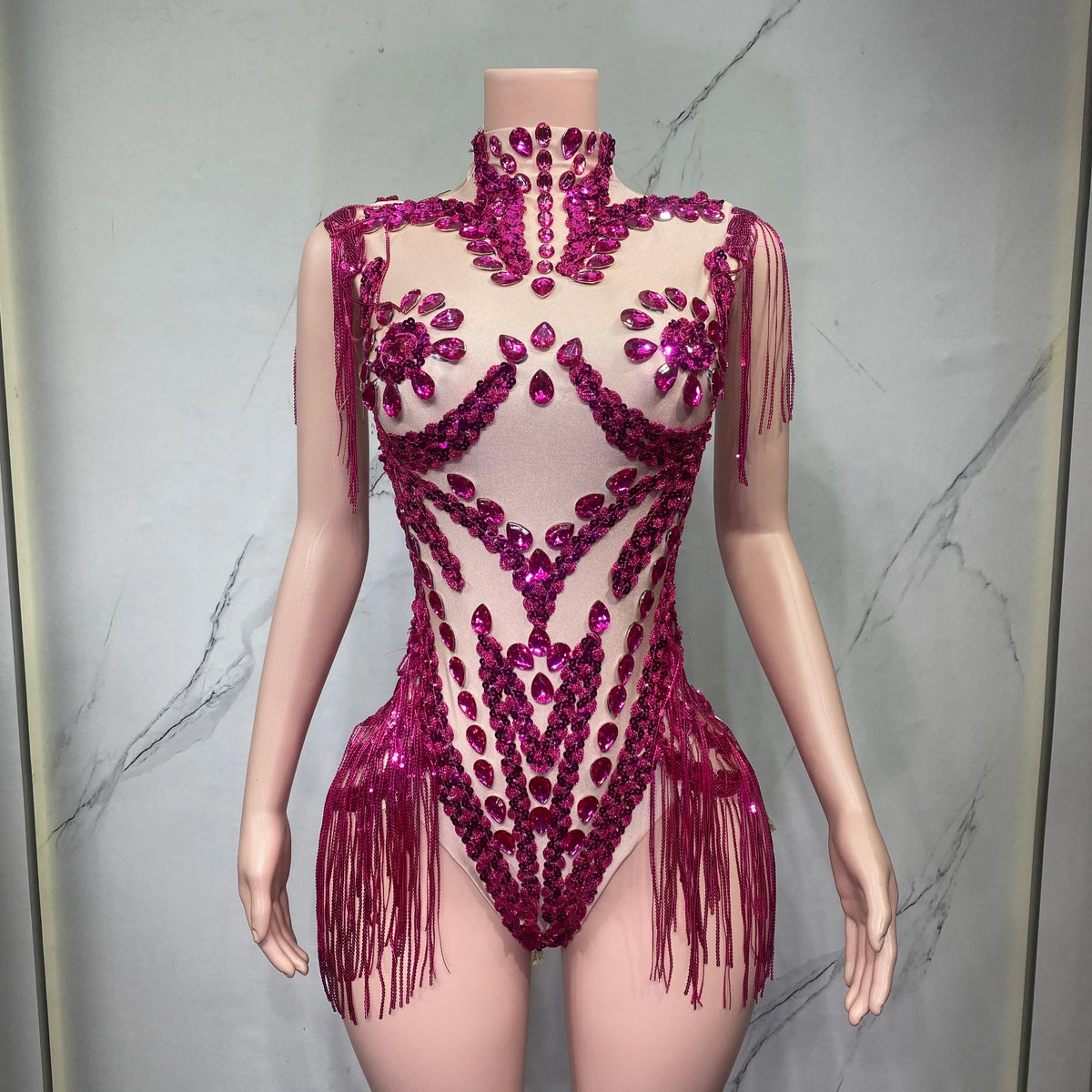 Sheer Mesh Rhinestone Performance Bodysuit for Women