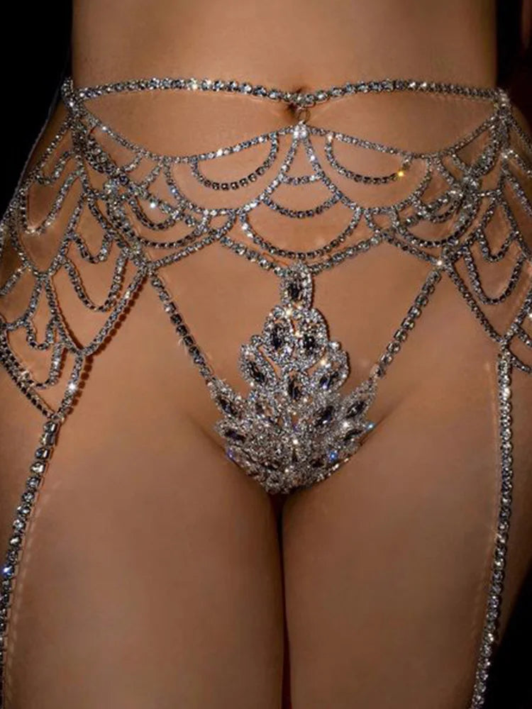 Rhinestone Waist Chain & Crystal Thong Set | Gold or Silver Body Jewelry