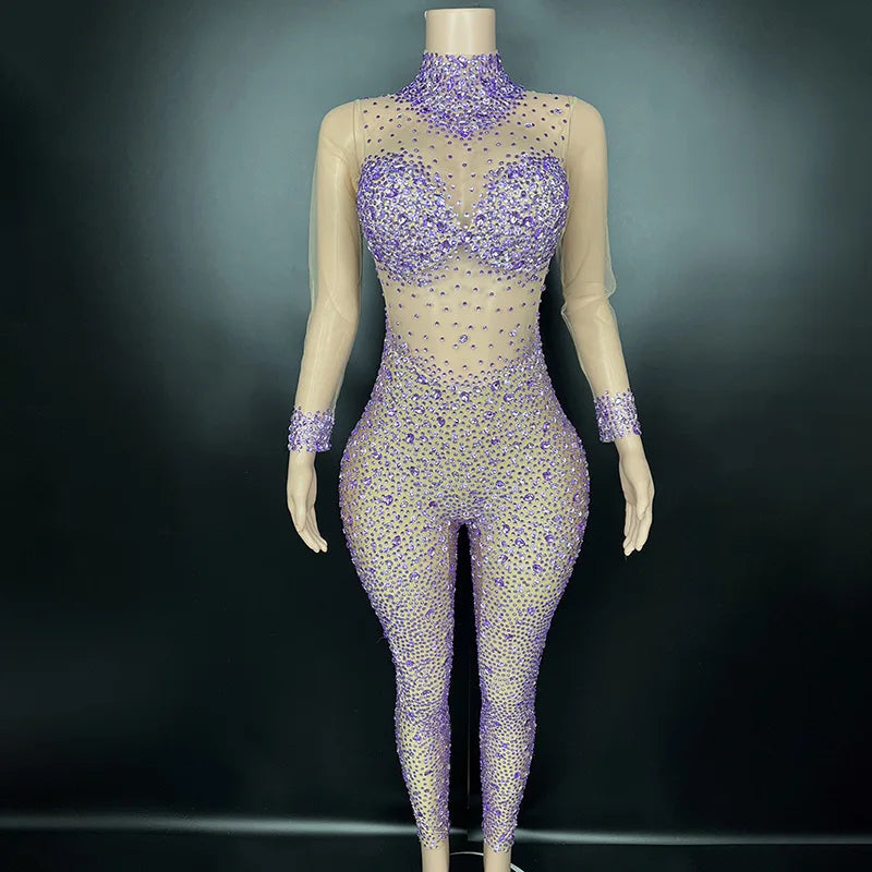 Women's Rhinestone Mesh Jumpsuit | Sheer Party & Stage Outfit