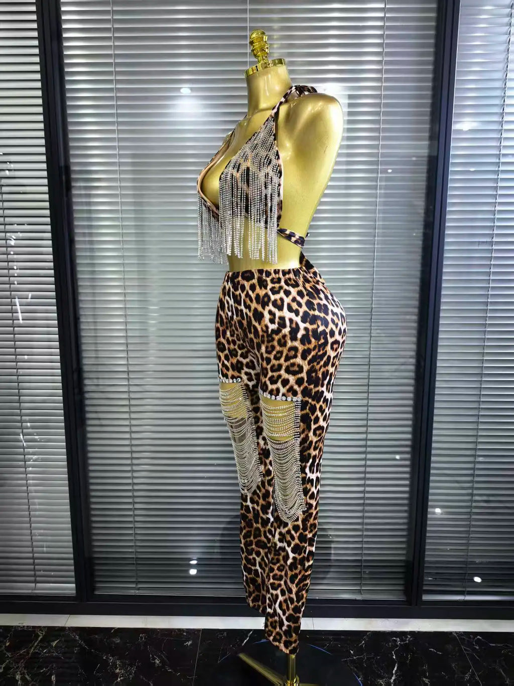 Women's Leopard Print Diamond Chain 2-Piece Bodycon Set | Slim Sequin Outfit for Nightclub & Stage