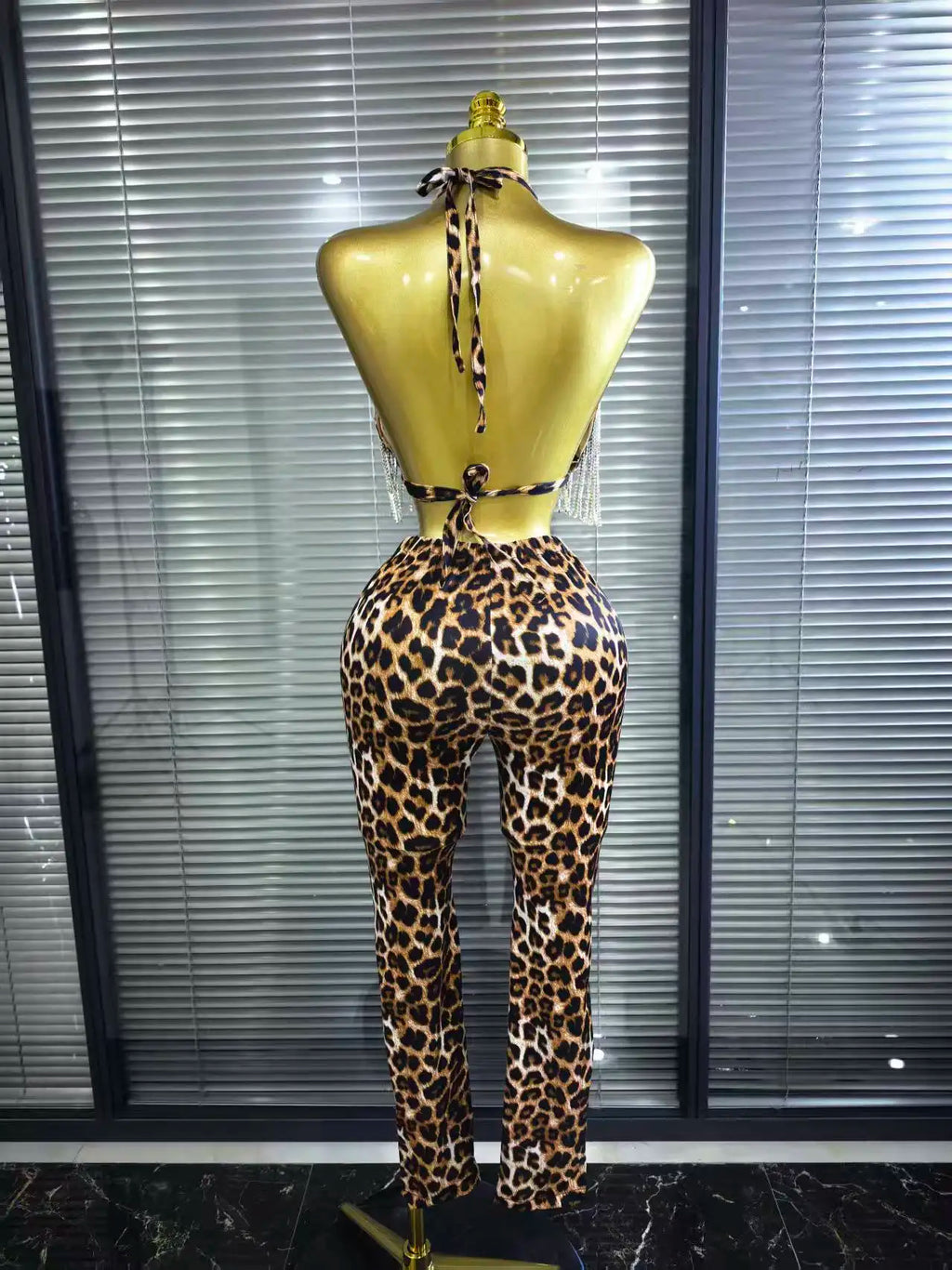 Women's Leopard Print Diamond Chain 2-Piece Bodycon Set | Slim Sequin Outfit for Nightclub & Stage