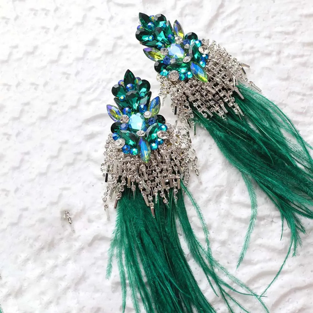 Vintage-Inspired Green Feather Exaggerated Tassel Statement Earrings