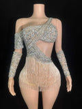 Silver Rhinestone Tassel Jumpsuit for Women