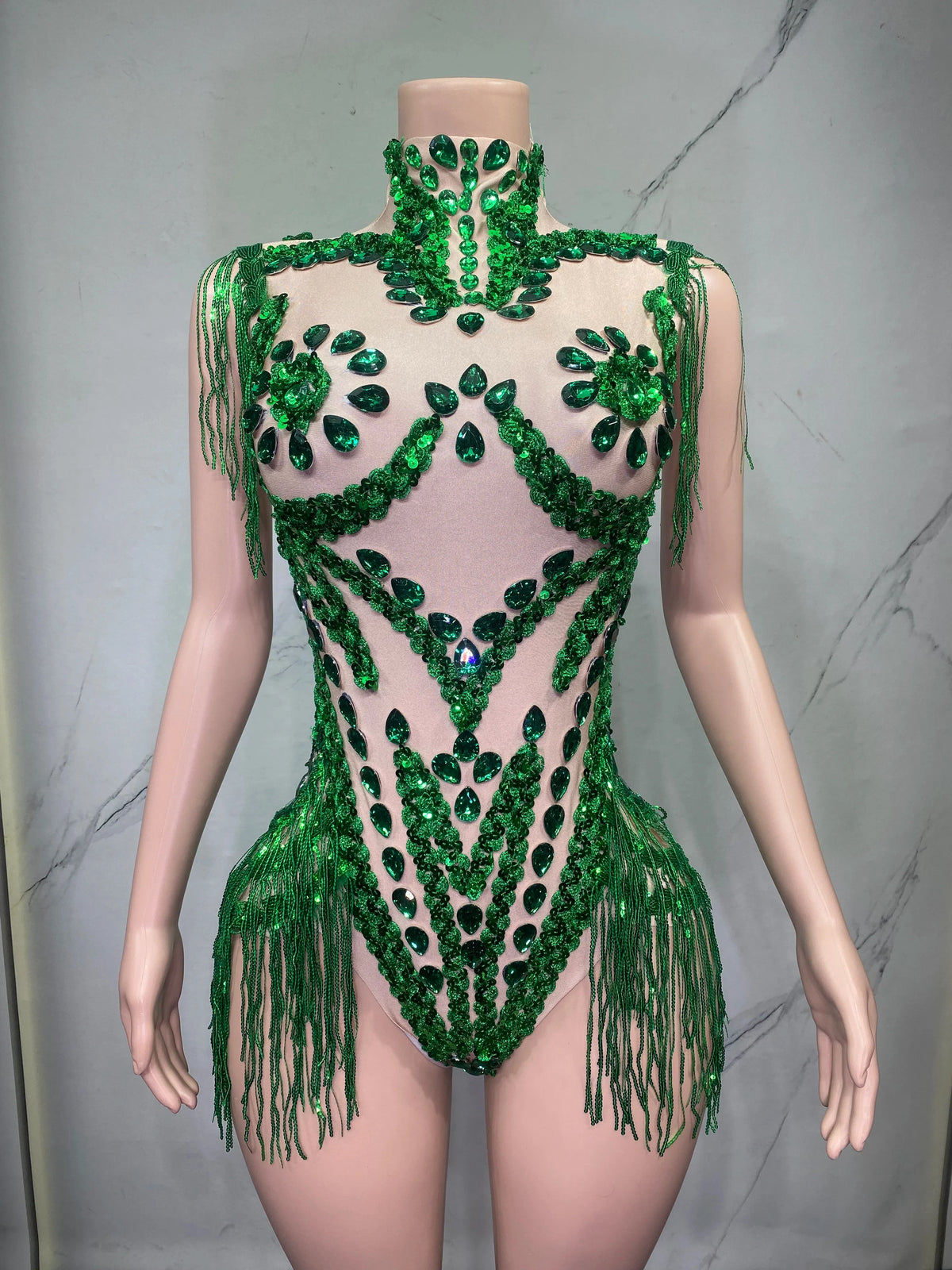 Sheer Mesh Rhinestone Performance Bodysuit for Women