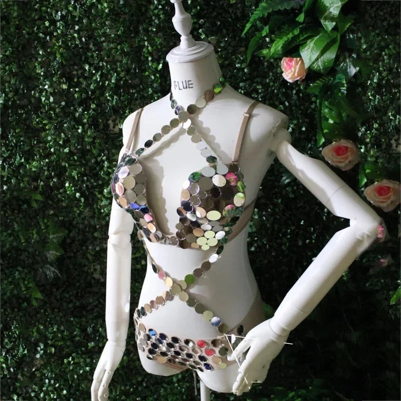 Silver Sequin Pole Dance Bikini Costume for Women | Go-Go Stagewear