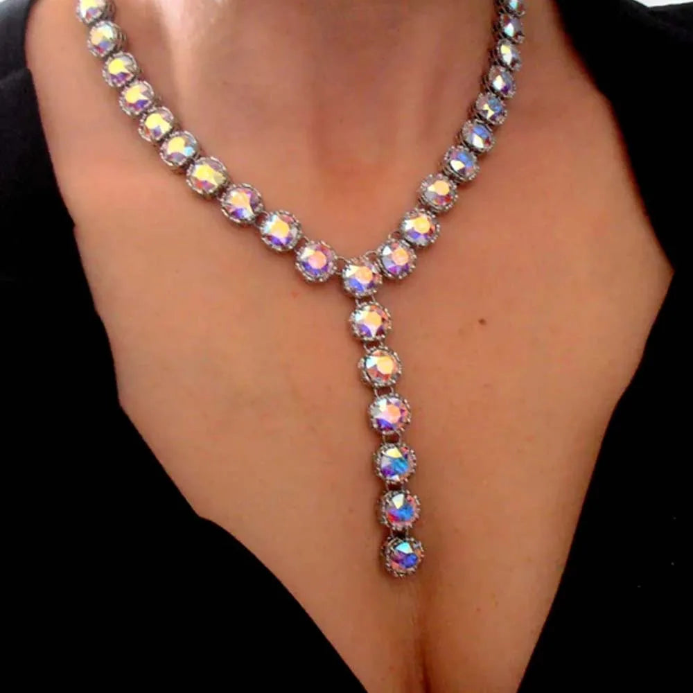 Aurora Borealis Crystal Y Necklace – Rhinestone Lariat Necklace for Brides & Anniversary Gifts