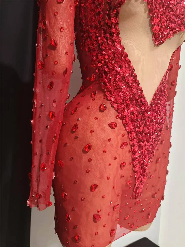 Crystal Rhinestone Mesh Long Sleeve Vintage Inspired Dress with Sequins and Skirt