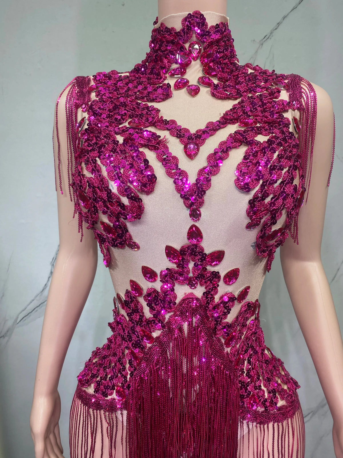Sheer Mesh Rhinestone Performance Bodysuit for Women