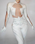 Sparkly Rhinestone Jumpsuit with Long Sleeve Gloves – Sexy Stretchy Bodysuit for Nightclub, Stage & Performance
