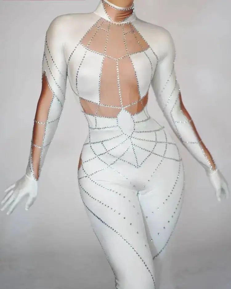 Sparkly Rhinestone Jumpsuit with Long Sleeve Gloves – Sexy Stretchy Bodysuit for Nightclub, Stage & Performance