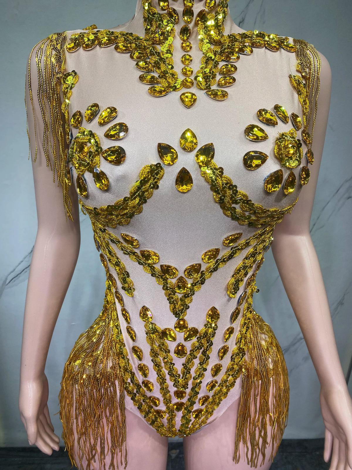 Sheer Mesh Rhinestone Performance Bodysuit for Women