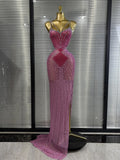 Pink Sleeveless V-Neck Rhinestone Bodycon Floor-Length Showgirl Stage Performance Dress