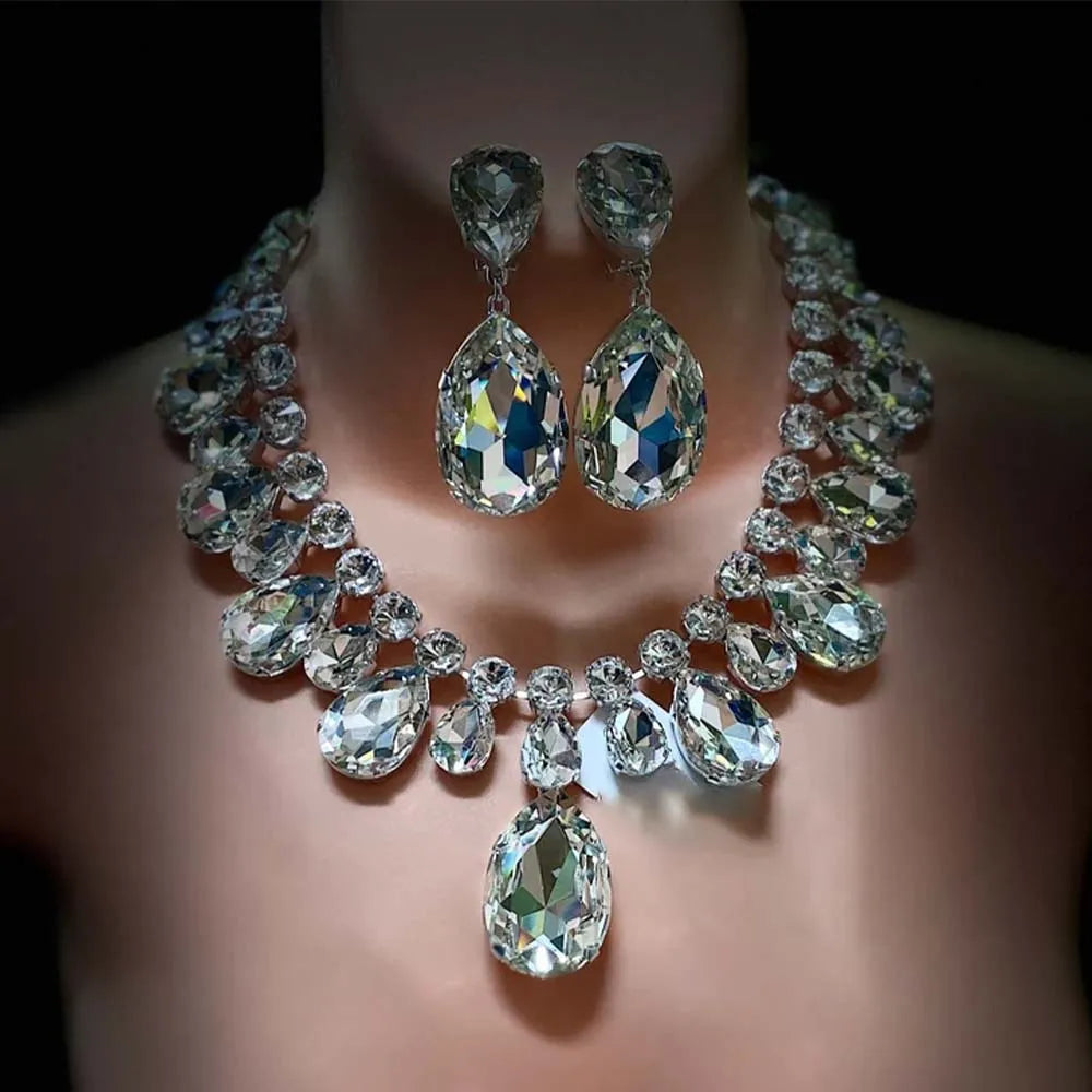 Crystal Teardrop Necklace and Earrings Set for Women | Wedding Jewelry