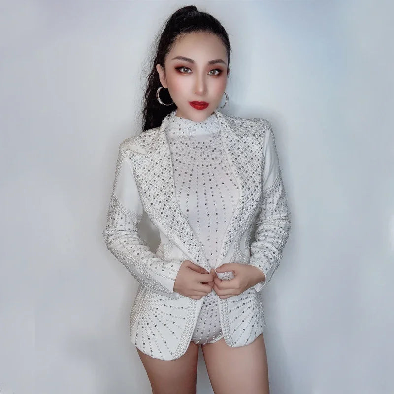 Rhinestone Bodysuit & Coat Set - Women's White Nightclub Dance Costume for Rave, Stage & Gogo Performance