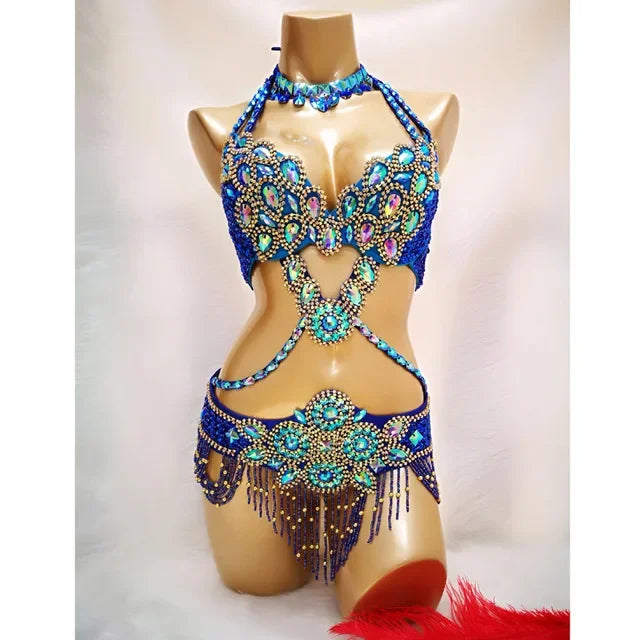 Samba Beaded Belly Dance Costume Set – Women's Bra & Waist Belt for Carnival, Stage & Performance