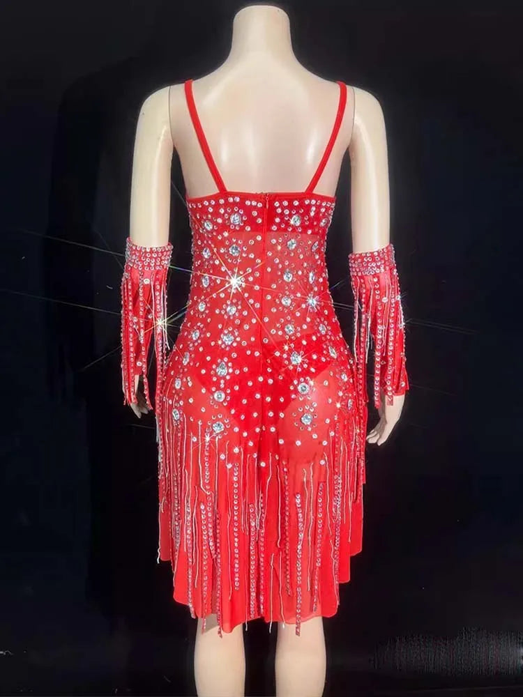 Women's Hot Stamping Fringe Suspender Jumpsuit | Sexy Stage Costume in Red & Black