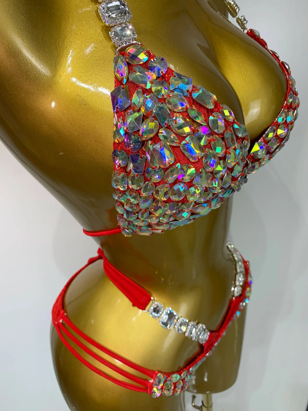 Women Crystal Rhinestone Halter Bikini Stage Performance Costume Set