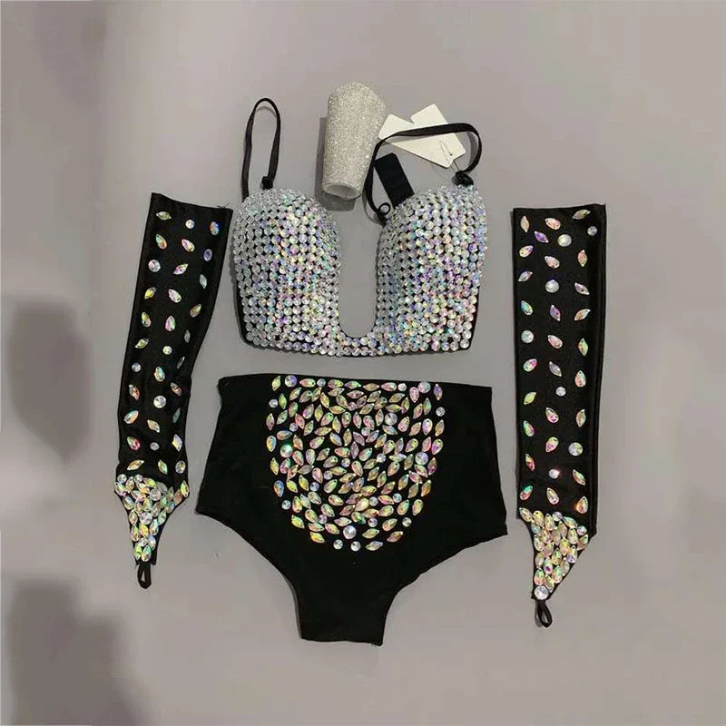 Multicolor Rhinestone Bra, Shorts & Gloves Dance Costume Set