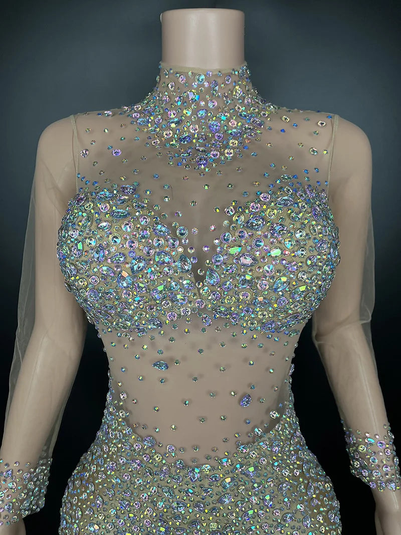 Women's Rhinestone Mesh Jumpsuit | Sheer Party & Stage Outfit