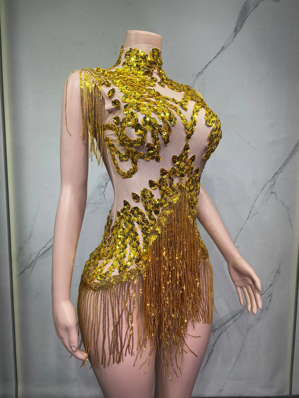 Sheer Mesh Rhinestone Performance Bodysuit for Women