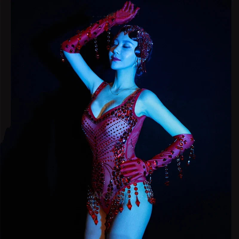 Women's Red Rhinestone Bodysuit & Gloves Dance Costume