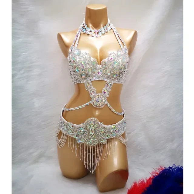 Samba Beaded Belly Dance Costume Set – Women's Bra & Waist Belt for Carnival, Stage & Performance