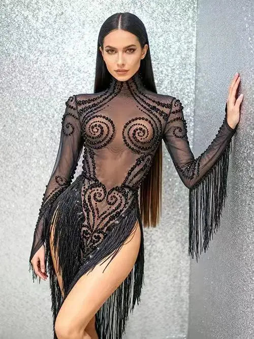 Sparkly Rhinestone Sequin Tassel Dress – Women's Sexy Birthday, Stage & Dance Performance Costume