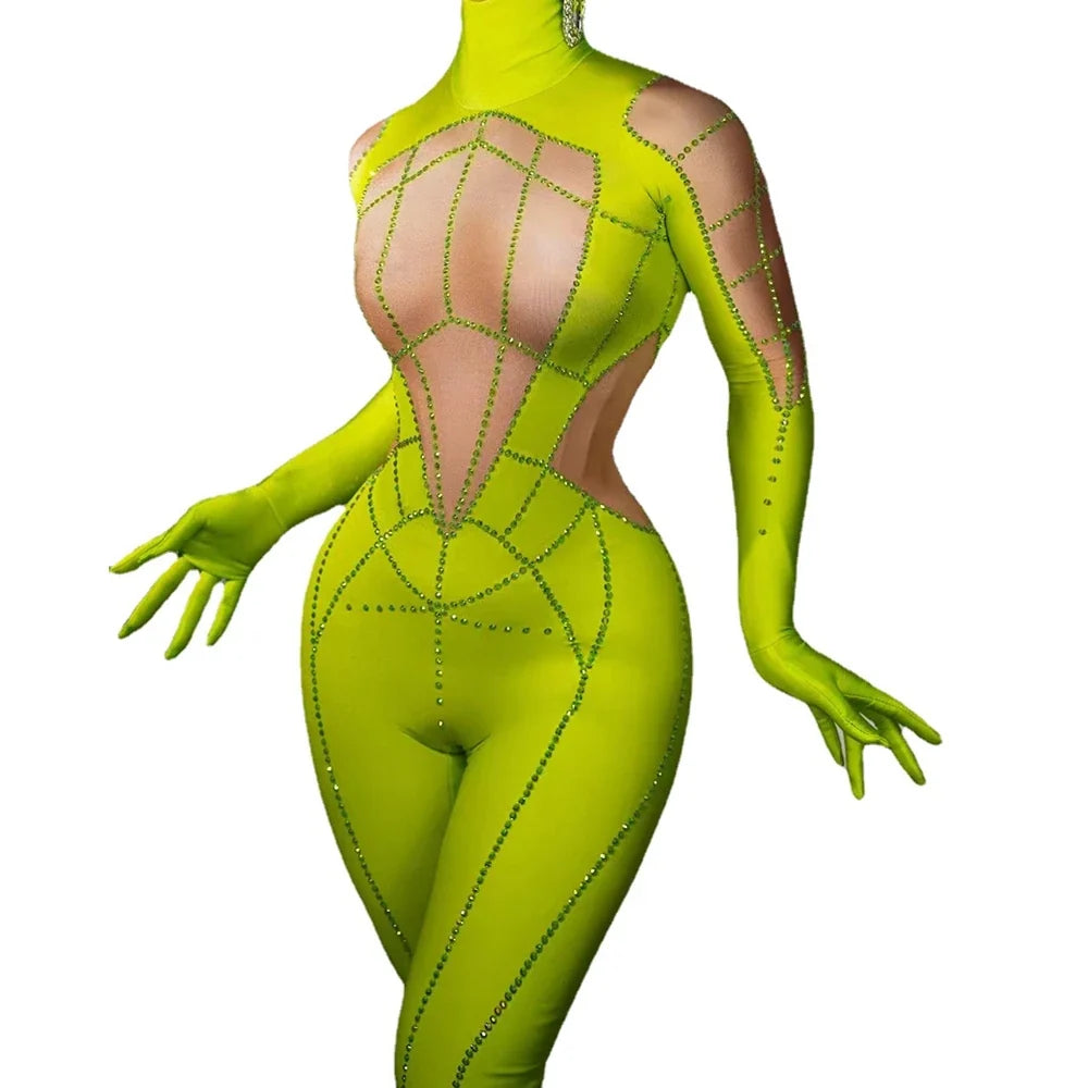Sparkly Rhinestone Jumpsuit with Long Sleeve Gloves – Sexy Stretchy Bodysuit for Nightclub, Stage & Performance