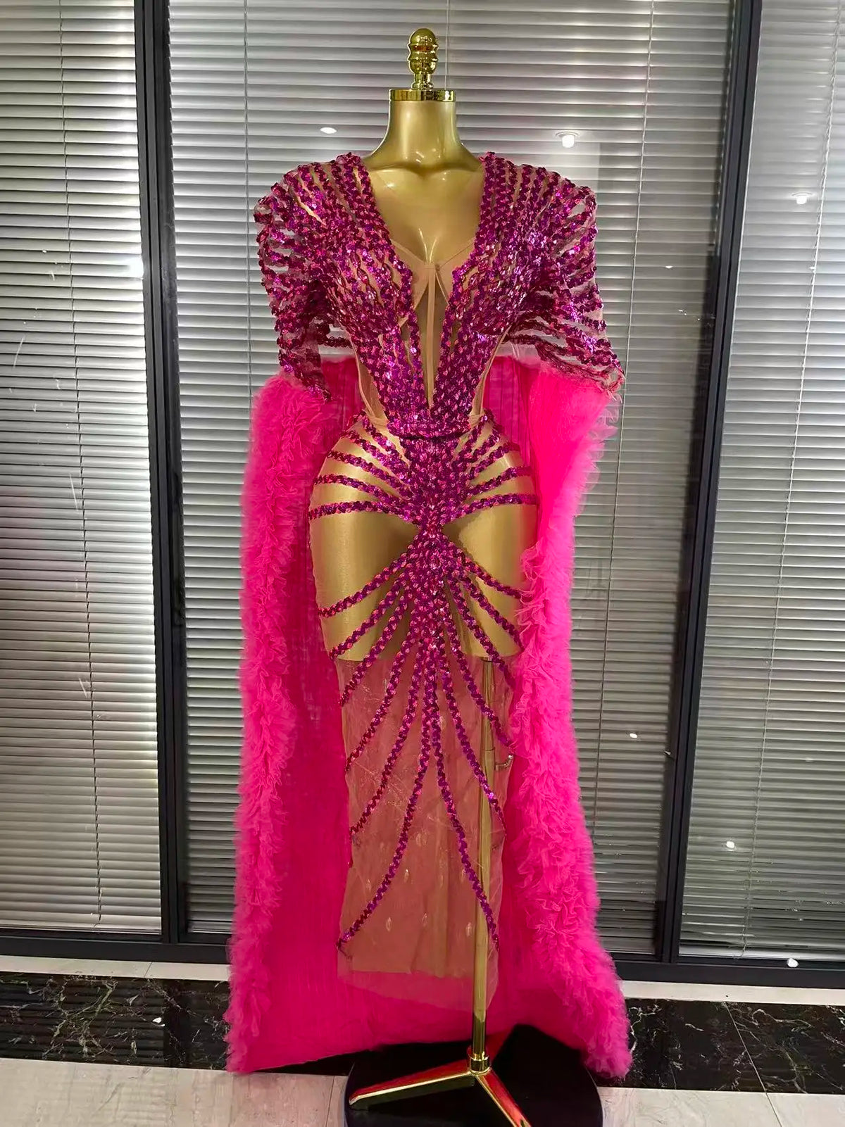 Women Cloak Sleeve Shining Sequins Mesh Ruffles Long Loose Dress Celebrate Performance Costumes Stage Wear